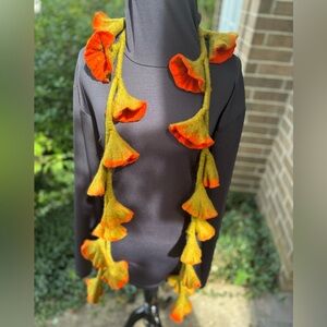 Anthropologie Vibrant Orange and Green Felted Floral Scarf